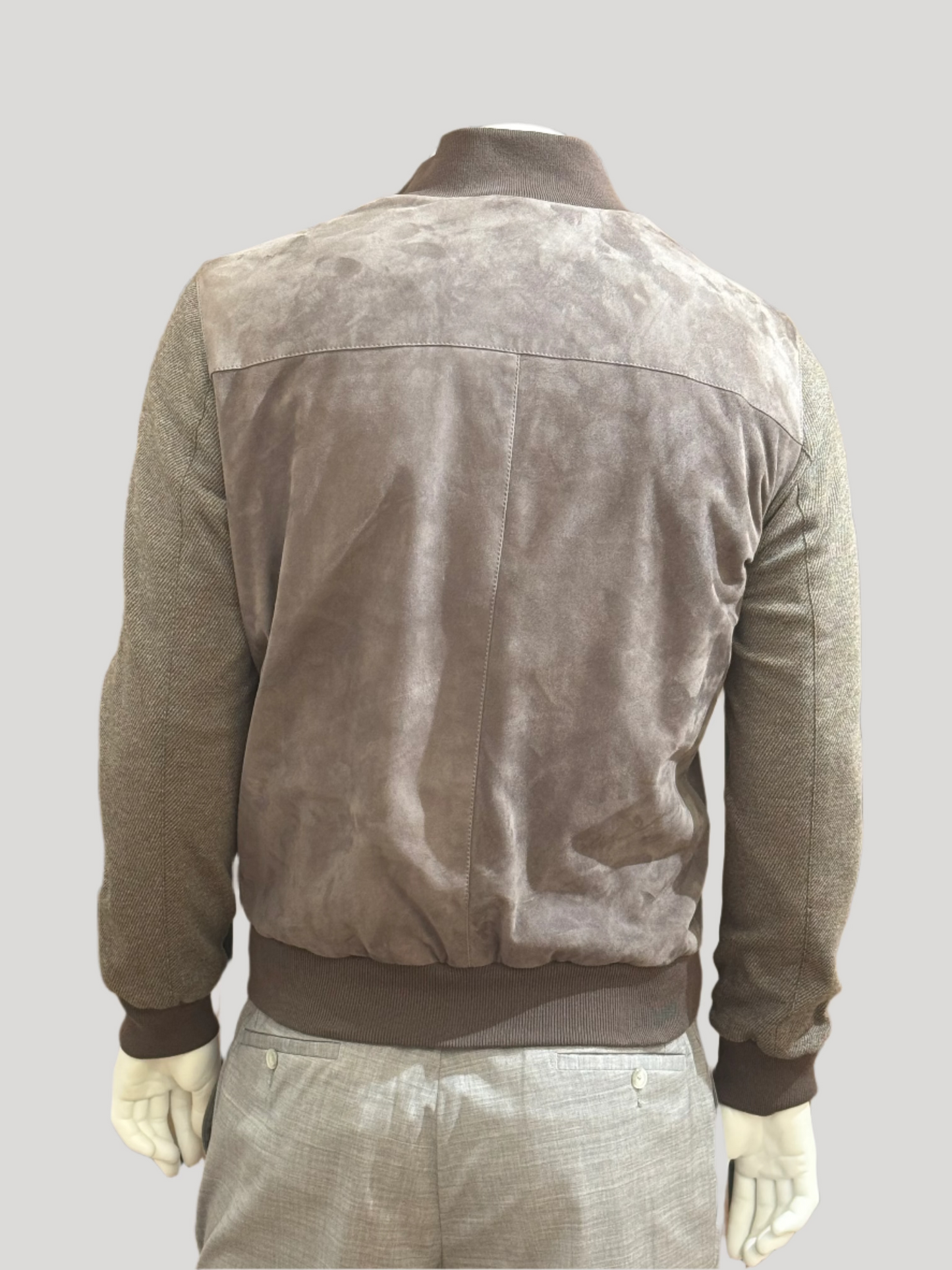 Men's Suede Bomber Jacket with Wool Cotton Sleeves