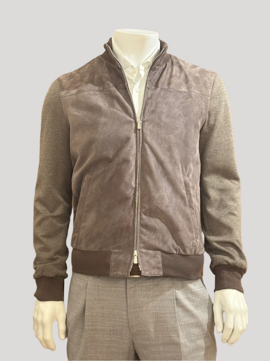 Men's Suede Bomber Jacket with Wool Cotton Sleeves