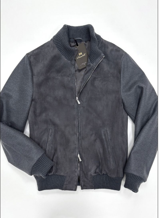 Suede Bomber with Cashmere Jersey Sleeves